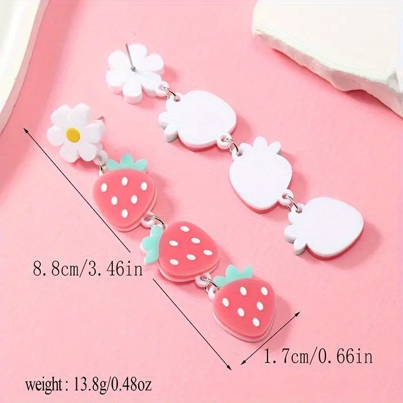 Cute Strawberry Dangle Earrings With Daisy Studs Kawaii Drop Earrings 15$